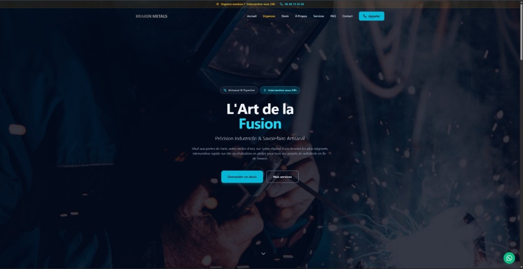 Aperçu du site Kraken Metals — réalisation PhantomDev. Site pour un atelier de soudure en Île-de-France : prestations, zone d’intervention et contact rapide mis en avant.