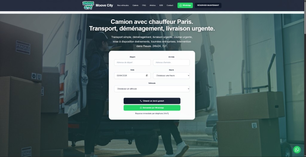 Aperçu du site Moove City — réalisation PhantomDev. Réservation et devis pour transport avec chauffeur à Paris : formulaire simple, informations visibles d’un coup d’œil.