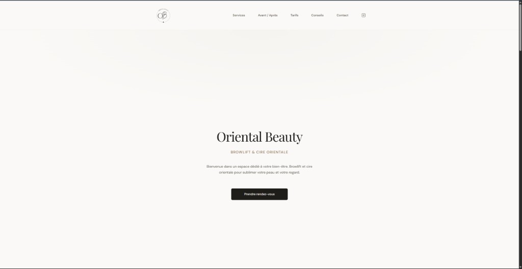 Aperçu du site Oriental Beauty — réalisation PhantomDev. Site pour institut de beauté à Créteil : soins expliqués clairement et prise de rendez-vous en ligne.