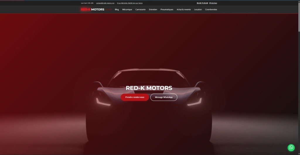 Aperçu du site REDK Motors — réalisation PhantomDev. Site pour garage et carrosserie : rendez-vous en ligne, services clairement listés, style automobile premium.